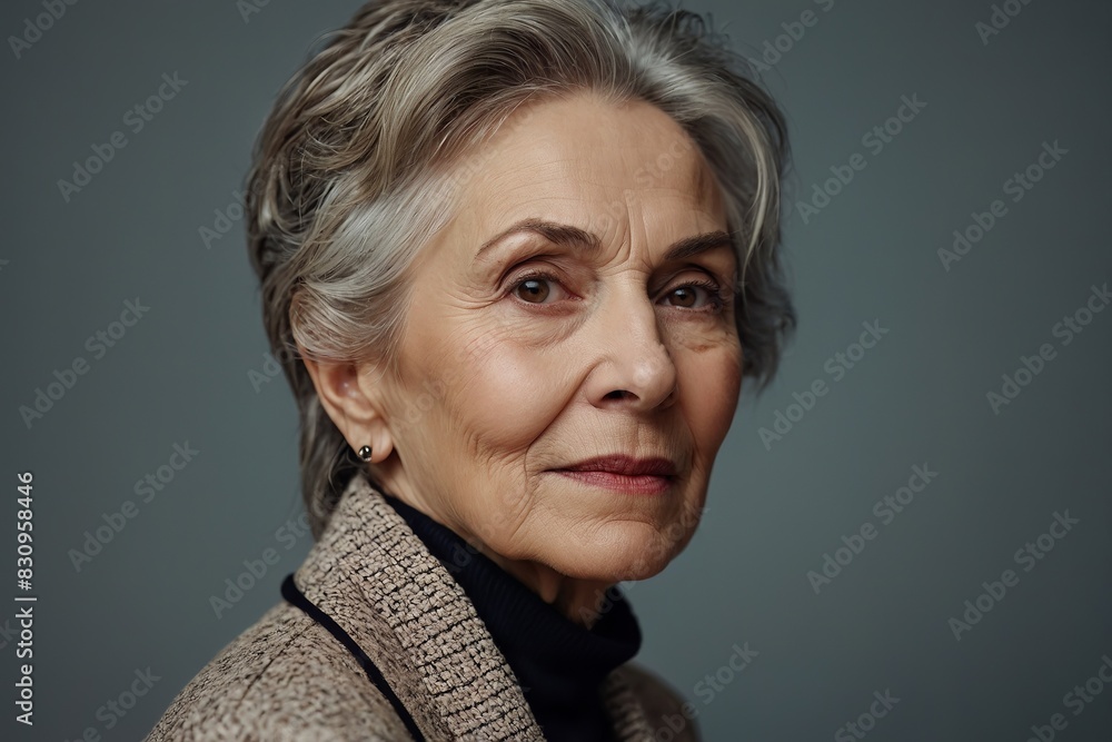 Portrait of stylish older beautiful woman with a short haircut on a gray background. AI generated Portrait of stylish older beautiful woman with a short haircut on a gray background. AI generated