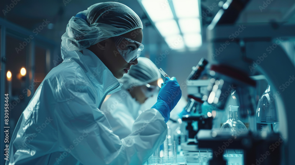 Clinical laboratory with scientists conducting innovative experiments, high-tech equipment, bright lighting. Close-up. Copy space. Clinical laboratory with scientists conducting innovative experiments, high-tech equipment, bright lighting. Close-up. Copy space.