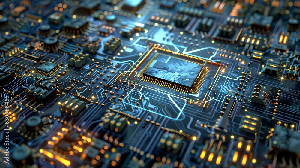 Close-up of an illuminated computer motherboard, showcasing intricate circuits and microchips, representing advanced technology and innovation. Close-up of an illuminated computer motherboard, showcasing intricate circuits and microchips, representing advanced technology and innovation.
