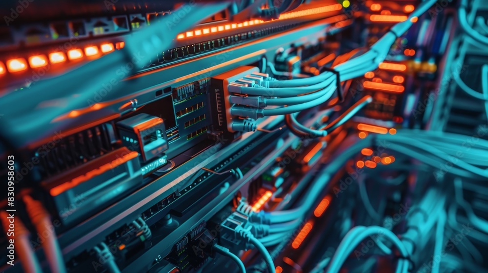 Fototapeta premium Close-up of server hardware with colorful network cables and glowing LED lights, showcasing technology and connectivity in data center.