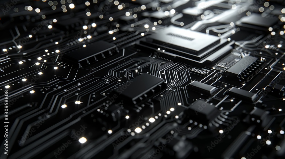 Close-up view of a black computer motherboard with circuits and components, illustrating modern technology and electronic complexity. Close-up view of a black computer motherboard with circuits and components, illustrating modern technology and electronic complexity.
