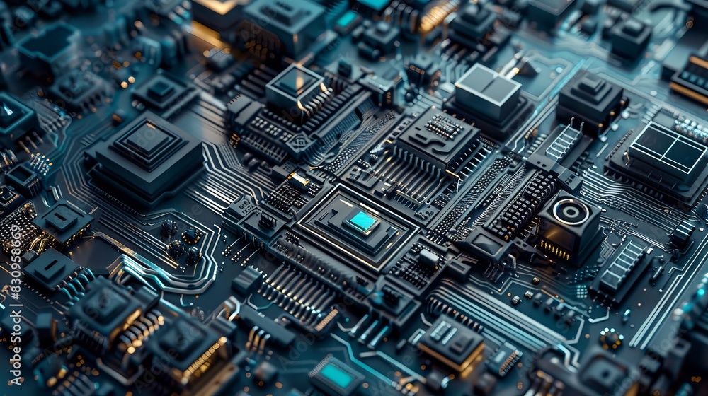 Fototapeta premium Close-up view of a detailed electronic circuit board, showcasing intricate components and pathways in modern technology.