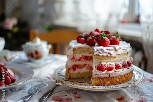 Delicious Naked Cake With Raspberries  And Cream On A Tray On Top Of A Table  Closeup  Daylight  Confectionery Concept