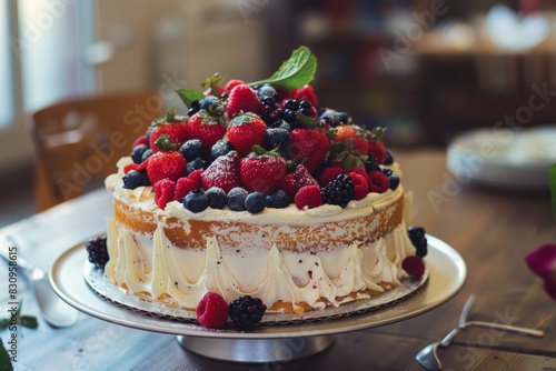 Wallpaper Mural Delicious Naked Cake With Strawberries And Blueberries On A Tray On Top Of A Table, Closeup, Daylight, Confectionery Advertising Concept Torontodigital.ca