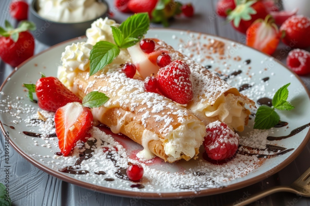 Delicious Cannolis On a White Plate With Powdered Sugar And Strawberries On Top, Closeup, Confectionery Advertising Concept