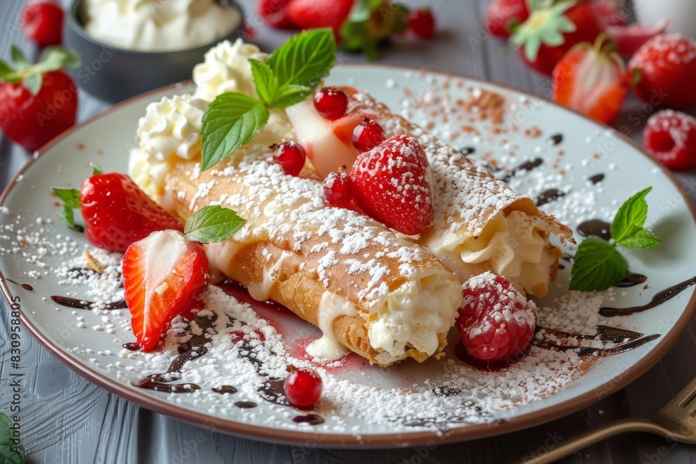 Delicious Cannolis On a White Plate With Powdered Sugar And Strawberries On Top, Closeup, Confectionery Advertising Concept Delicious Cannolis On a White Plate With Powdered Sugar And Strawberries On Top, Closeup, Confectionery Advertising Concept
