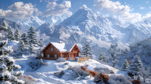 Digital snow mountain hut illustration poster background photo