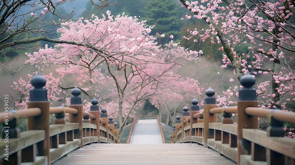 Beautiful pink cherry trees blooming extravagantly at the end of a wooden bridge in Park Japan Spring scenery of Japanese countryside with amazing sakura cherry blossoms : Generative AI