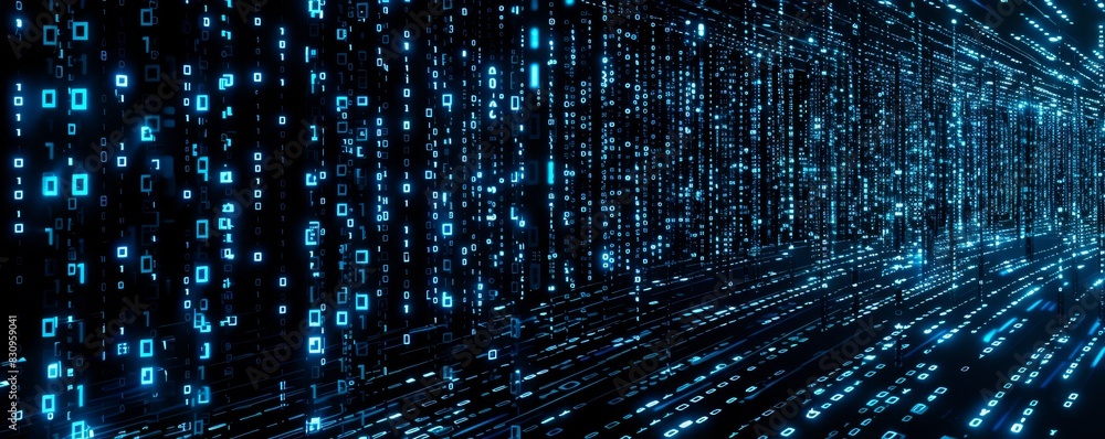 Digital binary data flow, abstract matrix background with blue glowing numbers, representing technology and data processing. Digital binary data flow, abstract matrix background with blue glowing numbers, representing technology and data processing.