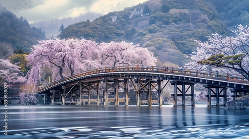 Kyoto Japan Arashiyama Togetsu Bridge and cherry blossoms in full bloom : Generative AI photo