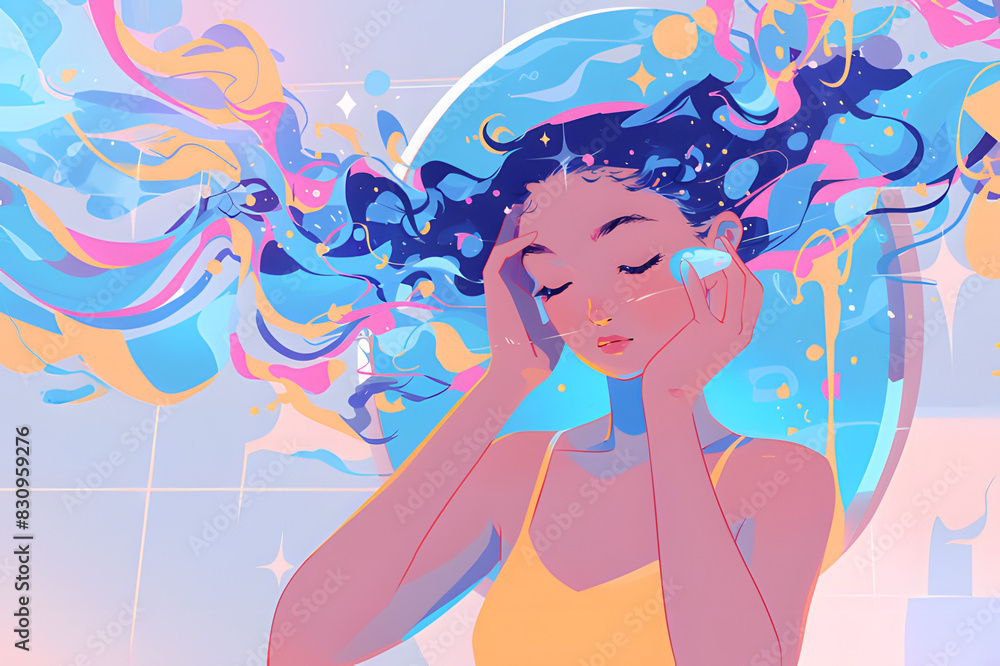 Illustration of a woman with colorful hair swirling around her, eyes closed in thought, with a mirror behind her. The image represents creativity and imagination. Illustration of a woman with colorful hair swirling around her, eyes closed in thought, with a mirror behind her. The image represents creativity and imagination.