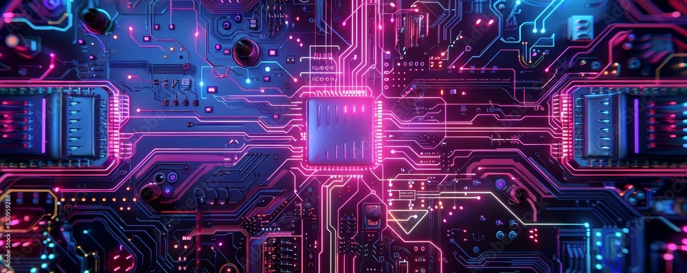 Futuristic blue and pink neon computer motherboard circuit with glowing microchip at the center, representing advanced technology and innovation. Futuristic blue and pink neon computer motherboard circuit with glowing microchip at the center, representing advanced technology and innovation.