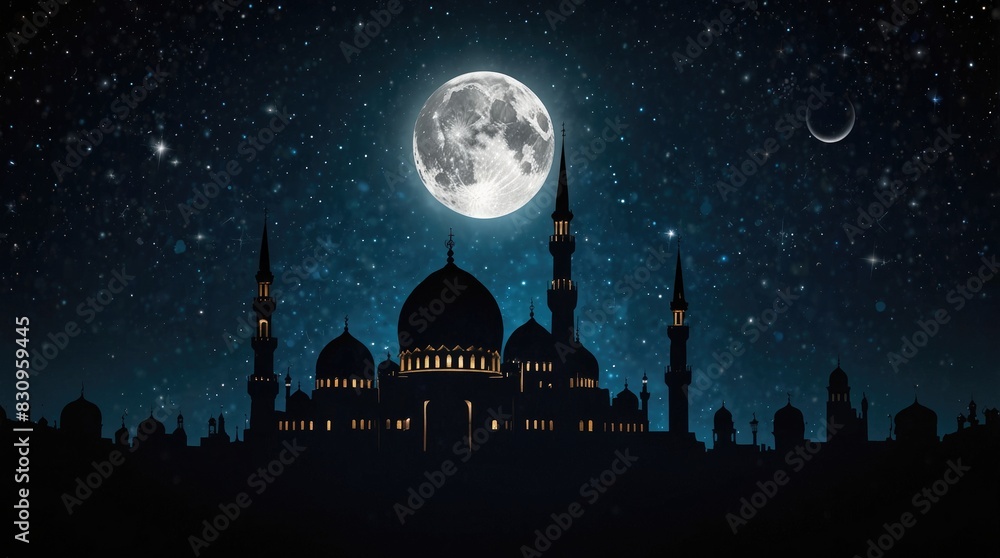 Naklejka premium Celestial Beauty above Middle Eastern Landmark: A celestial connection between the moon and an iconic landmark
