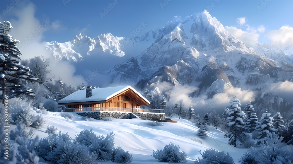 Digital snow mountain hut illustration poster background