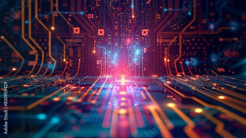 Futuristic circuit board with glowing lights, representing advanced technology and innovation. Ideal for technology and digital themes.