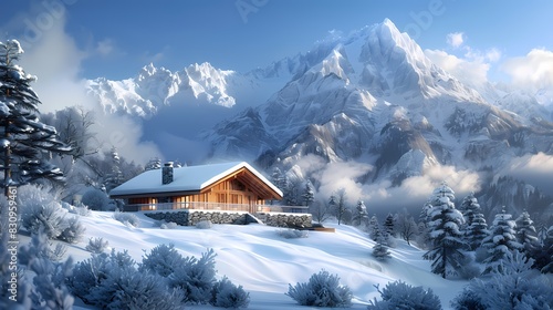 Digital snow mountain hut illustration poster background photo
