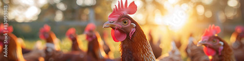 Free-range chickens roaming in a sunny farmyard. photo