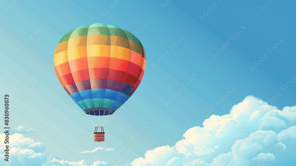 Fototapeta premium Illustration of a hot air balloon with rainbow stripes floating in a clear blue sky, symbolizing freedom and LGBTQ+ Pride.
