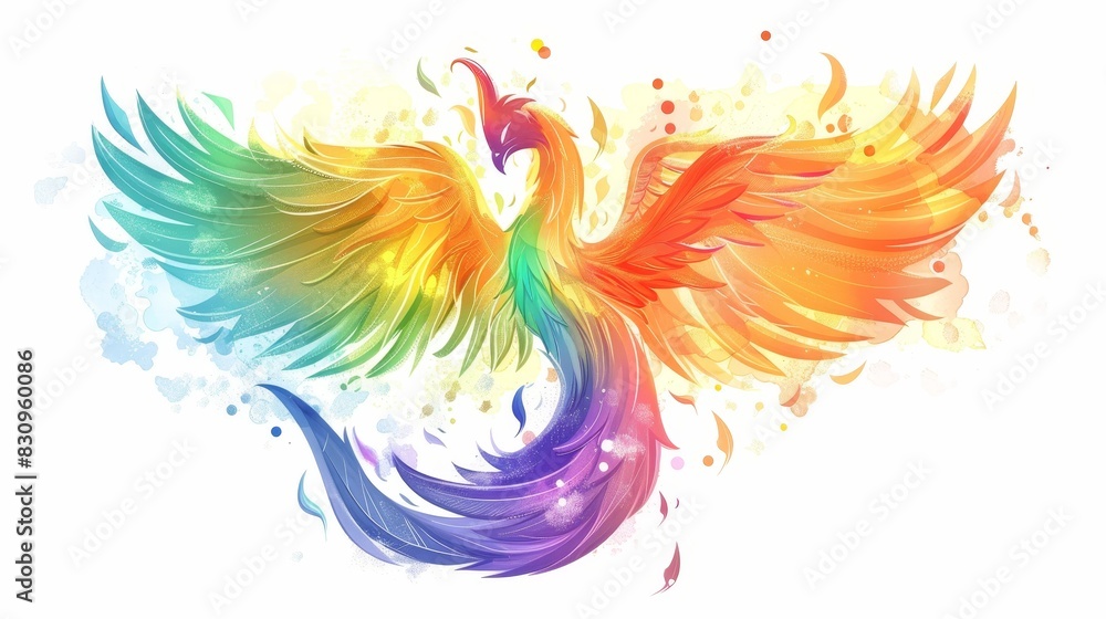 Obraz premium Illustration of a phoenix with rainbow feathers, symbolizing rebirth, strength, and LGBTQ+ Pride.