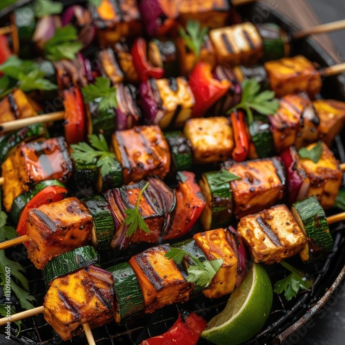 Delicious grilled vegetable and paneer skewers garnished with fresh herbs, perfect for a summer BBQ or vegetarian meal.