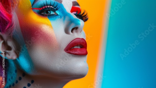 Queer individual posing with colorful makeup in a studio focus on selfexpression and creativity vibrant Blend mode studio backdrop photo