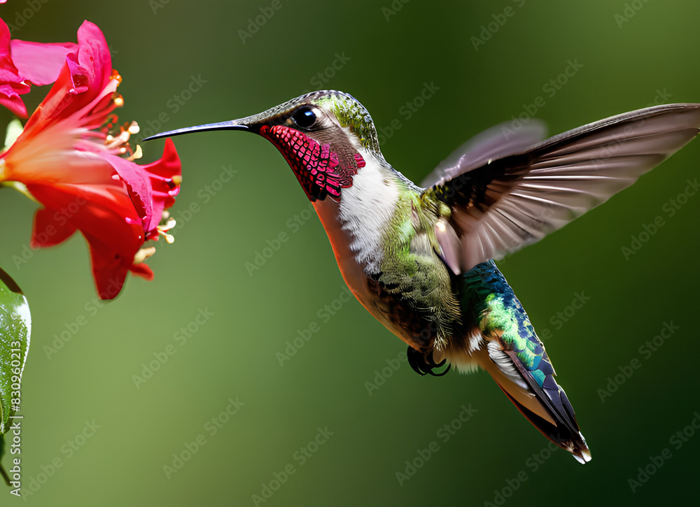 Fototapeta premium Hummingbird flies to a red flower