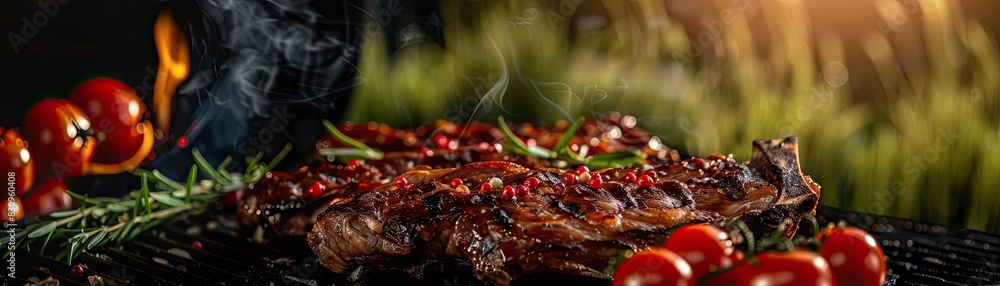 Juicy grilled steak garnished with herbs and tomatoes on a barbecue grill, with a background of fresh green grass and a bokeh of warm light. Juicy grilled steak garnished with herbs and tomatoes on a barbecue grill, with a background of fresh green grass and a bokeh of warm light.