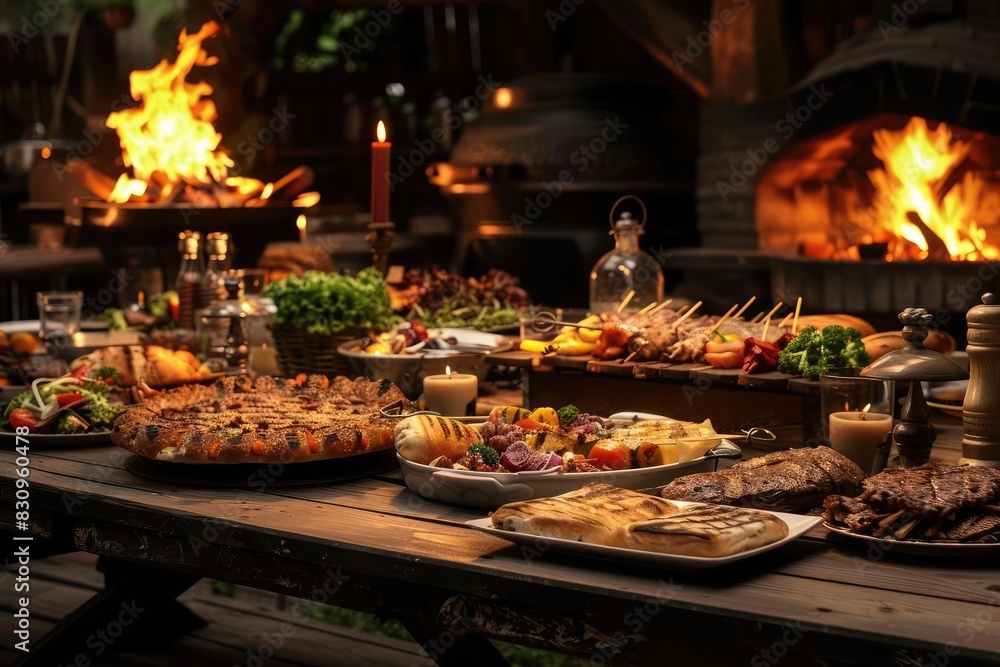 Obraz premium A lavish outdoor feast with various dishes on a wooden table, surrounded by candlelight and a warm fire in the background.