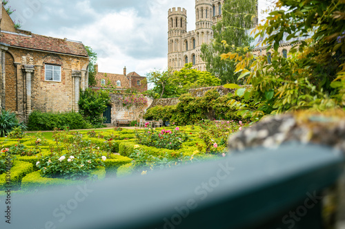 Magnificent mazed garden seen against fine, medieval architecture with a famous East of England cathedral seen towering in the background.