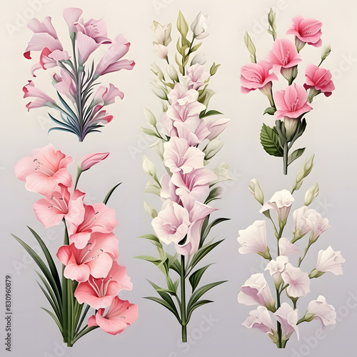 set of Gladiolus  plants  leaves and flowers. illustrations of beautiful realistic flowers for background  pattern or wedding invitations