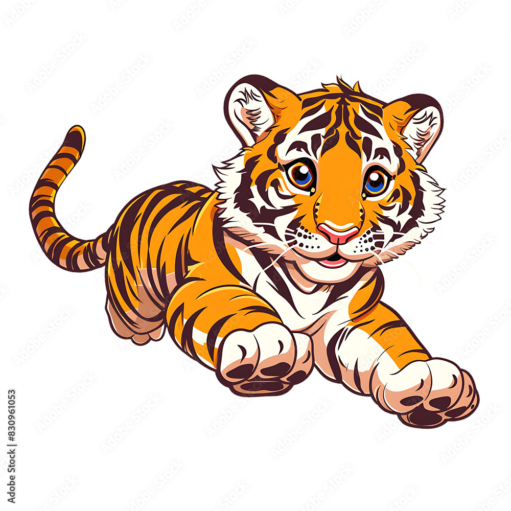 Obraz premium Transperant, Design a flat colored image of a cute tiger cub, with stripes and a playful pose, isolated on a white background, and outlined with a black line