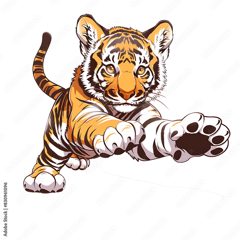 Obraz premium Transperant, Design a flat colored image of a cute tiger cub, with stripes and a playful pose, isolated on a white background, and outlined with a black line