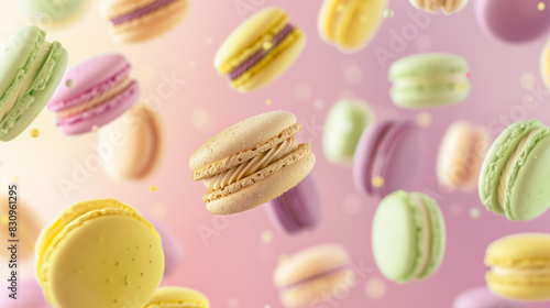 Wallpaper Mural A delightful array of colorful macarons floating in mid-air against a soft pink gradient background, showcasing their pastel hues and creamy fillings.
 Torontodigital.ca