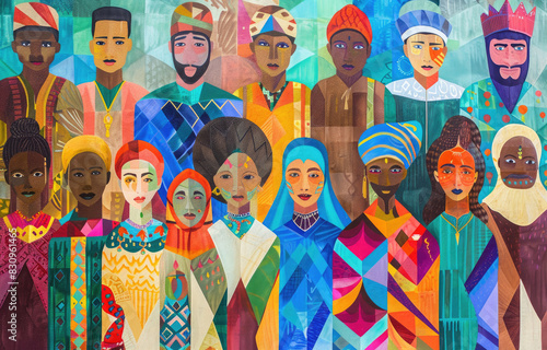 A vibrant and colorful mural depicting people from various ethnicities, all wearing different attire that reflects their cultural identity.  © Kien