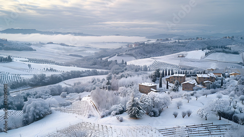 A photo featuring the rolling hills of Tuscany covered in a light dusting of snow, seen from above. Highlighting the frosty vineyards and cypress trees, while surrounded by misty valleys
