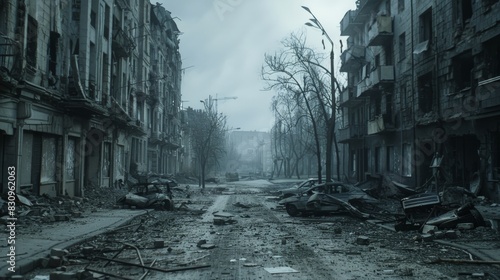 Eerie silence on a deserted city street amidst the ruins of war