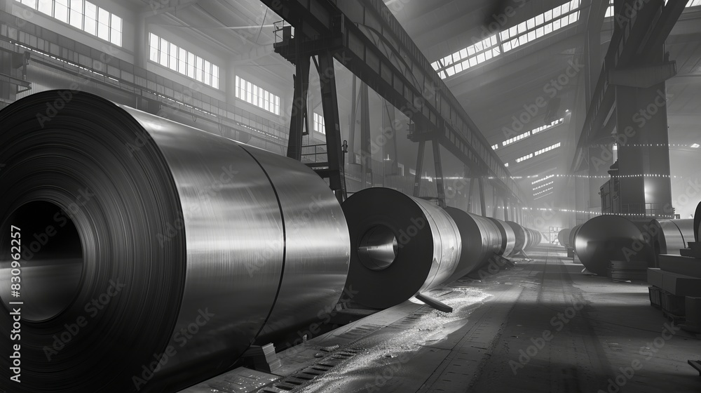 Cold rolled steel being processed in a modern factory, side view, ensuring structural integrity, digital tone, black and white Cold rolled steel being processed in a modern factory, side view, ensuring structural integrity, digital tone, black and white