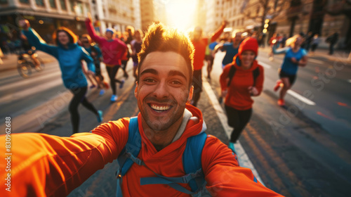 Happy man taking selfie with group of people running in a city marathon