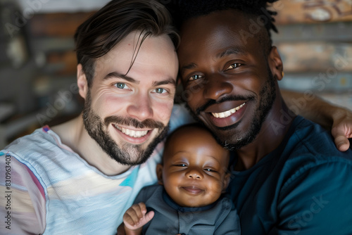 Happy same-sex interracial couple holding mixed race baby. Gay parents cuddling child.  photo