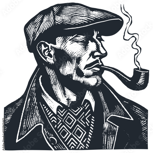 Stylish man 1920-1930 in a cap, suit, with a smoking pipe in his mouth. Vector illustration