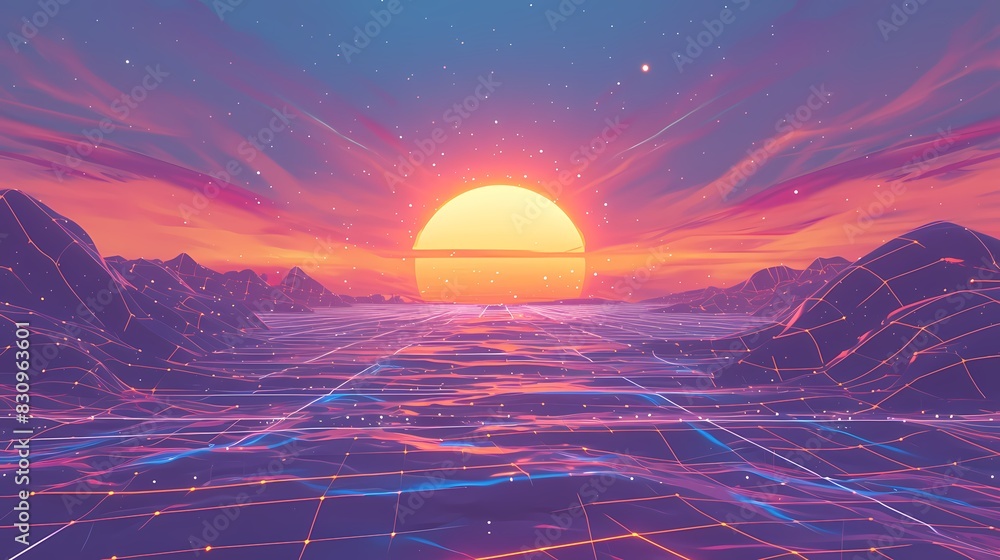 Digital technology futuristic grid sun and moon poster background Digital technology futuristic grid sun and moon poster background