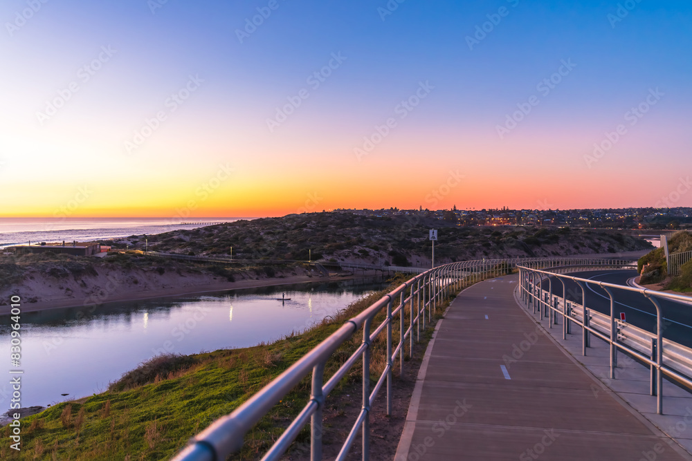 Port Noarlunga shared footpath and bike track along the Onkaparinga River at dusk, South Australia