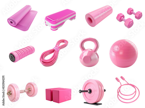 Set of pink sports equipment with a mat, roll, roller, skipping rope, kettlebell, dumbbells, step platform, elastic band, block on a transparent background. A tool for MFR, yoga, Pilates, fitness, gym photo