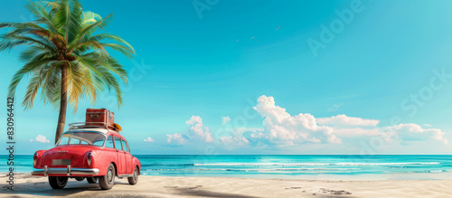 Retro car on the beach under the palm banner. vintage red car parked at the tropical beach  seaside  with a surfboard on the roof. Leisure car trip  summer vacation vibes. Interior picture. Copy space