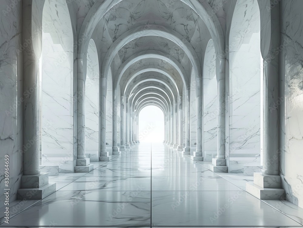 Fototapeta premium A long marble hallway with arches and columns