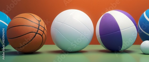 A collection of colorful sports balls, including a basketball, volleyball, and football, aligned on a vibrant orange and green surface, emphasizing their textures and types. photo