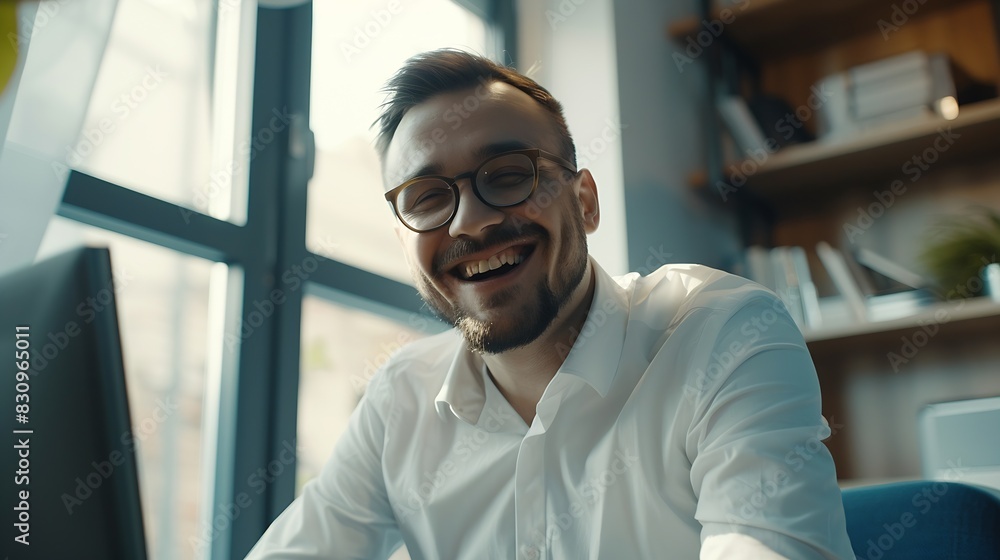 Obraz premium Happy businessman enjoying at home office : Generative AI