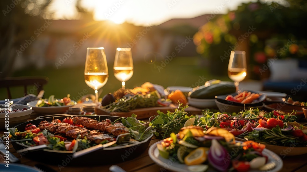 Sunset dinner table set with a variety of fresh salads and dishes, accompanied by glasses of wine in a serene outdoor setting.
