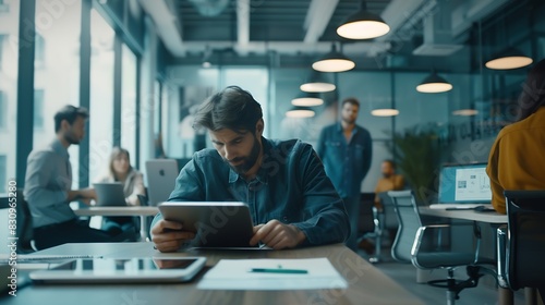 The creative process Shot of a man sitting at a table in an office using a digital tablet with colleagues working in the background : Generative AI