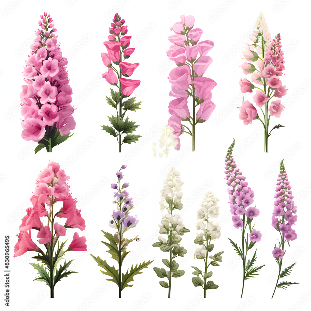 set of Foxglove, plants, leaves and flowers. illustrations of beautiful realistic flowers for background, pattern or wedding invitations set of Foxglove, plants, leaves and flowers. illustrations of beautiful realistic flowers for background, pattern or wedding invitations